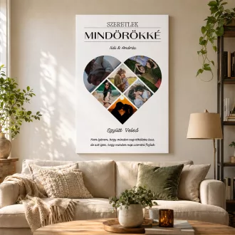 Szeretlek mindörökké - szív alakú páros fotókollázs álló vászonkép 6 fényképből